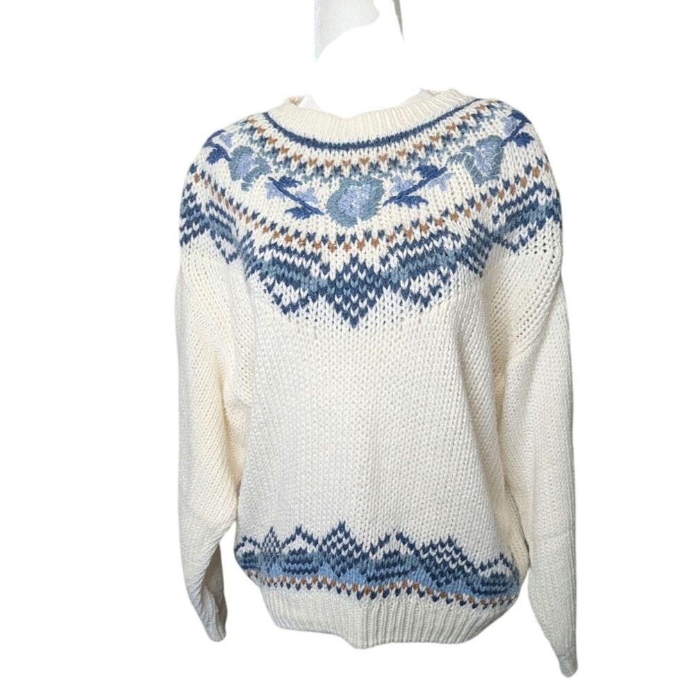 Vintage Huntington Ridge hand knitted fair isle cotton blend sweater ivory Med